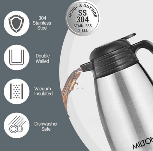 Milton Classic 2000 Thermosteel 24 Hours Hot or Cold Carafe, 2000 ml, Silver | Double Walled | Rust Proof | Food Grade | Easy to Carry | Tea, Coffee, Juice - Image 3